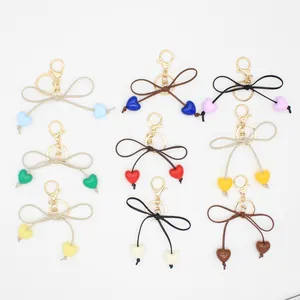 Cute Macaron Heart Bow Keychain Pendant Exquisite Simple Bowknot Bag Charm Car Key Ring For Women Girls Gift