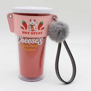 Pink PU leather cup sleeve with pompom charm and lucky cat graphic for bags and cups