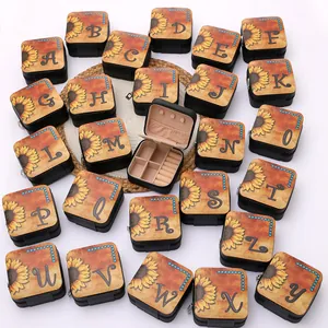 Vintage Western style sunflower alphabet jewelry storage box with removable dividers