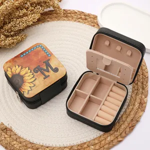 Vintage western sunflower jewelry organizer box with letter M, portable PU case
