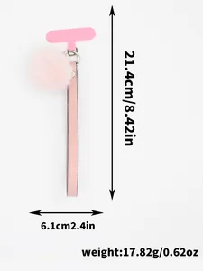 Functional detail view of pink PU leather pom-pom phone strap with dimensions and weight