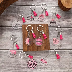 Acrylic Floral Tassel Keychain Best Mom Ever Leopard Print Key Ring Mother's Day Gift Pendant For Women Accessories