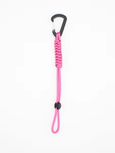 Detailed view of pink paracord lanyard with black tactical carabiner hook.