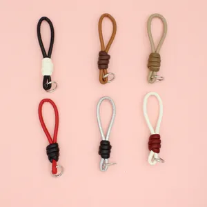 Minimalist Braided PU Leather Keychain Wristlet Strap for Bag DIY High-End Knot Pendant Key Ring Charm with Metal Loop