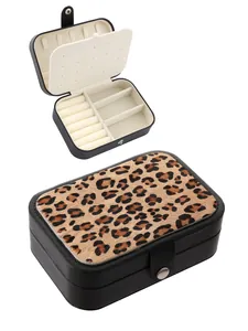Leopard print PU leather jewelry box with compartments and snap closure