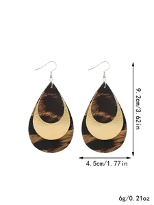 Detailed view of triple layer leopard print leather teardrop earrings with dimensions.