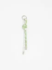 Ciondolo borsa corda intrecciata a mano verde chiaro e bianco con paillettes e metallo