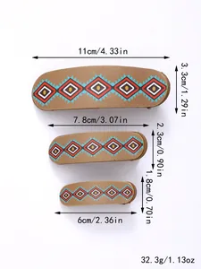 Detailed measurement view for three vintage ethnic pattern hair clips in various sizes