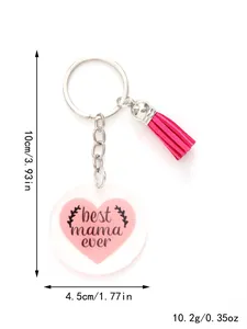 Detail view of acrylic heart keychain with pink tassel and clear size annotations