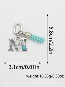 Detailed view of ethnic turquoise initial M charm with dimensions and weight specs