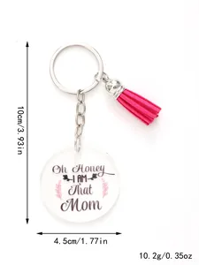 Detail view of acrylic keychain with rose pink tassel and 'Oh Honey' text size markings