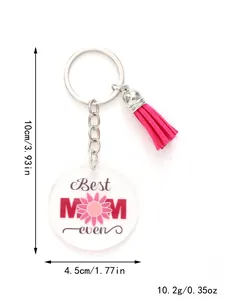 Detailed view of acrylic flower keychain with pink tassel and Best MOM ever text