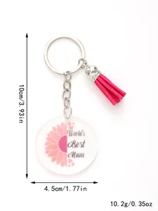 Detail of acrylic keychain with pink tassel and World's Best Mum flower design
