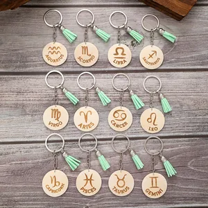Portachiavi Tondo in Legno Stile Rustico Costellazione Inciso al Laser Motivo Lettere Nappina Verde Menta Regalo per Amici Donne Uomini