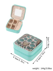 Detailed dimensions of turquoise square jewelry box with vintage embossed lid design