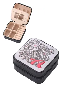 Detail view of portable jewelry box with floral pattern and mirror inside.