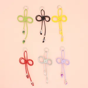 Handmade Braided PU Leather Bowknot Keychain Pendant With Beads Cute Miu Style Charm For Bag Cup Keys Women Accessories