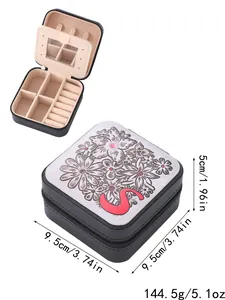 Detailed view of a floral jewelry box with internal mirror, hooks, and size measurements.