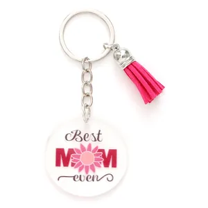 Acrylic flower keychain with pink tassel and Best MOM Ever text for Mother's Day gifts