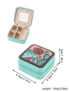 Portable square jewelry storage box featuring embossed cactus pattern and secure zipper closure