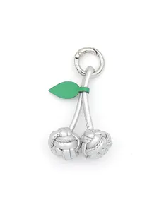 Detailed view of handmade silver PU cherry bag charm with green leaf accents