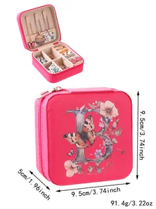 Compact pink travel jewelry box featuring floral letter B design with specific size dimensions