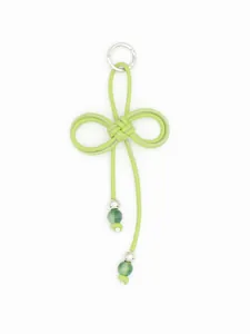 Handmade green braided PU cord keychain charm with marbled beads and silver metal ring