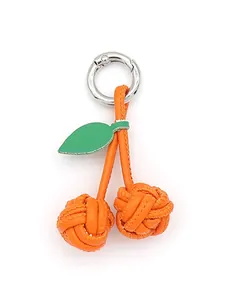 Exquisite handmade knotted PU leather orange cherry charm with silver metal keyring