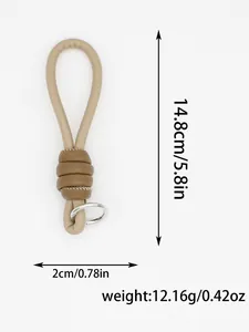 Detail view showing dimensions and weight of the PU leather braided wrist strap keychain.