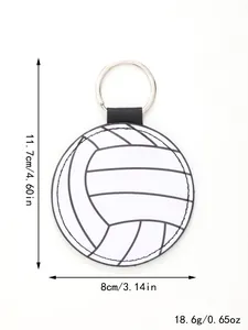 Close-up detail of a white volleyball leather keychain showing 8cm diameter and weight info