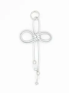 Hand-woven silver PU cord cross keychain pendant with beads in balletcore style.