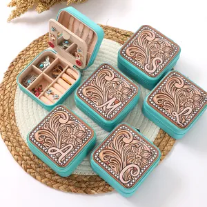 Vintage Western style embossed PU leather jewelry box organizer with floral initials