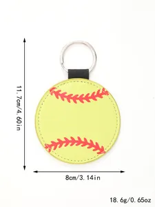 Detail view of a yellow leather baseball keychain with precise size and weight measurements.
