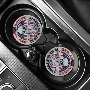 Car cup holder coasters with 2nd Amendment patriotic skull and gun design