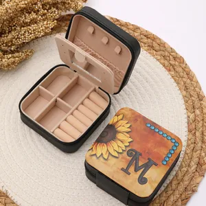 Western vintage portable jewelry organizer box with sunflower and M monogram design