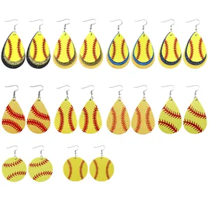 Baseball-Nähte Kunstleder Ohrringe Kreative Sportliche Wassertropfen Rund PU Leder Ohrringe Schmuck Für Damen Geschenk