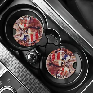 Detailed macro view of Western style car coasters with deer and American flag patterns