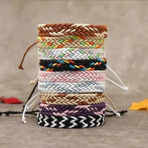 Handmade Woven Wax Cord PU Leather Bracelet Rhinestone Ethnic Bohemian Ethnic Adjustable Wristband Jewelry Gift For Men Women