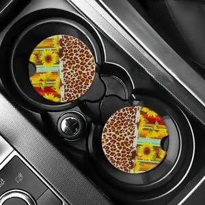 Detailed view of Western style acrylic car coasters featuring leopard print and sunflowers