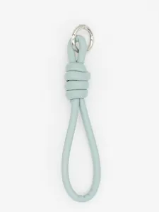 Detailed close-up of a light blue PU leather braided keychain with a silver metal ring