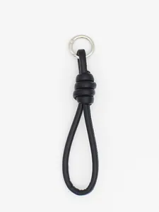 Minimalist black PU leather knotted keychain with a round silver metallic ring clasp