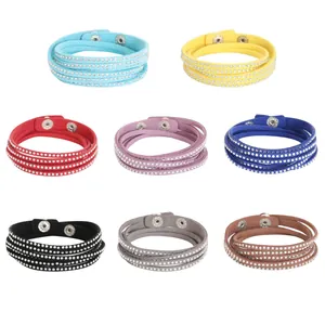 Detailed macro view of multi-color PU leather wrap bracelets with sparkling rhinestones