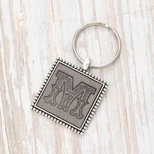 Close-up detail of a silver square keychain featuring an embossed grey leather letter M.