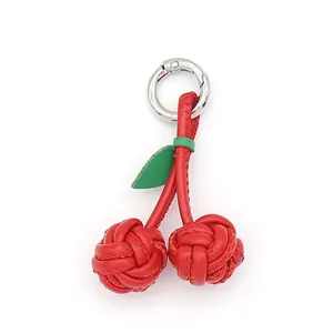 Handmade red PU leather woven cherry keychain bag charm with silver metal ring clasp