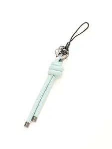 Minimalist mint green braided leather cord keychain bag charm with black strap and metal rings