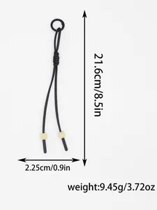 Detail showing dimensions of black woven PU rope keychain with measurement 21.6cm and 8.5in
