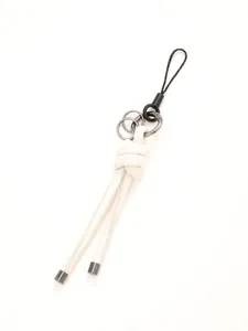 Handmade minimalist white knotted leather cord keychain charm with metal rings and strap
