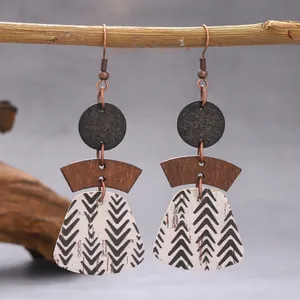 Bohemian Geometric Multi-layer Patchwork Drop Earrings For Women Fashion Faux Leather Wood Printed Leaf Pattern Dangle Earrings Jewelry
