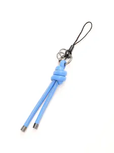 Detailed view of a handcrafted light blue braided leather cord charm with a stylish knot