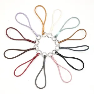 Handmade Braided Faux Leather Phone Lanyard Wrist Strap With Silver Metal Ring Minimalist Anti-Lost Keychain Ornament